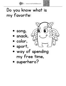 Creative Task for kids - picture of a cute monster with 6 arms and question about his favorite things