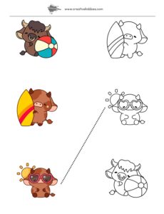 Worksheet for kids for matching pictures with outlines all with cute kawaii animals