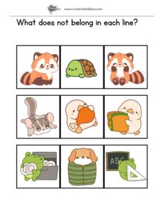Worksheet for kids to practice one odd out with cute kawaii animals