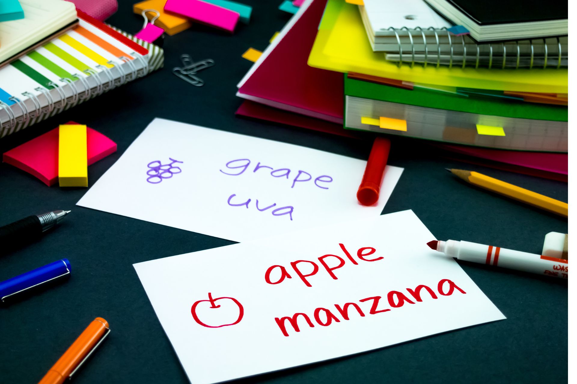 Flashcard with a word 'apple' in English and Spanish to learn second language