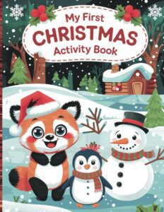 Cover of a book for toddlers with easy and colorful activities with Christmas cute kawaii animals